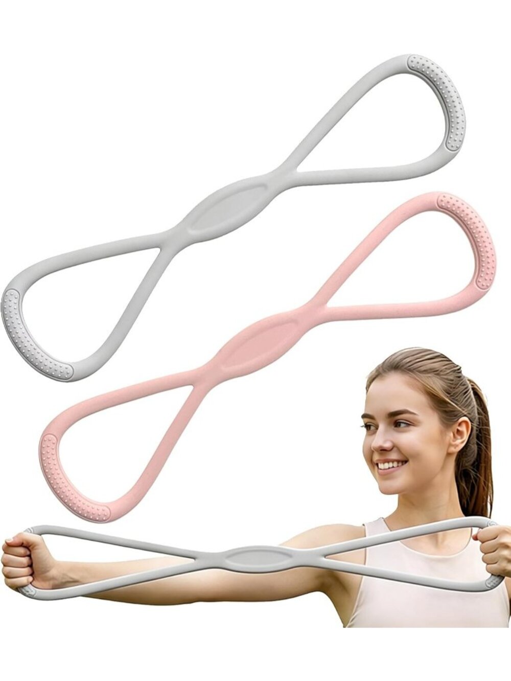 2 Pcs Figure 8 Resistance Pink/Grey Bands Set Yoga Stretch Workout